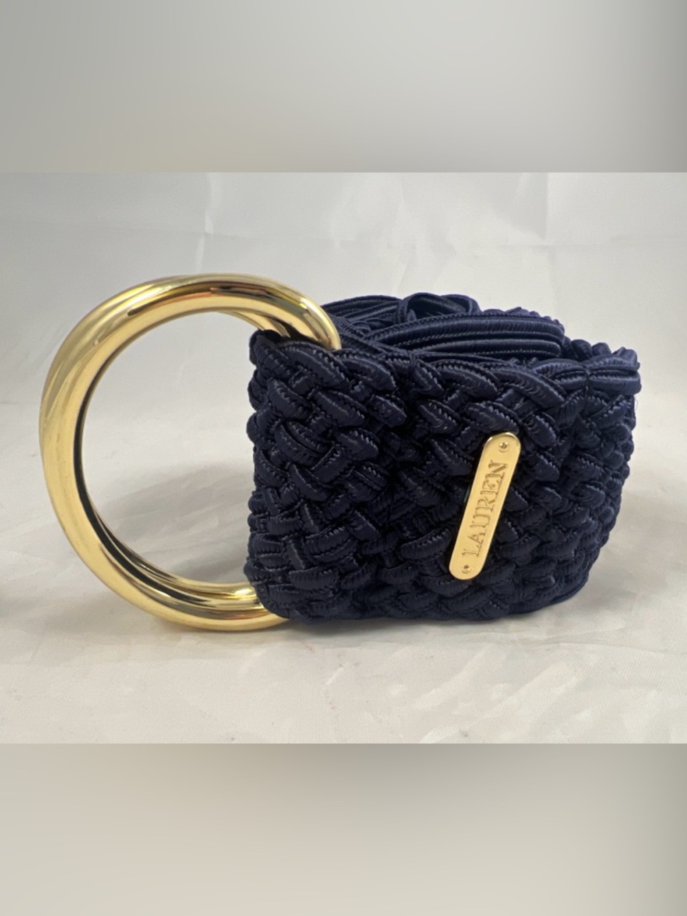 Vintage Ralph Lauren Women's Navy Blue Woven Braided Belt With Gold Buckles Sz M